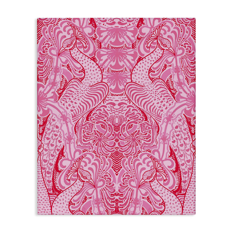 Paon orné et fleurs sur toile rose, design par Lil 'Rue, H 40 po x l 30 po