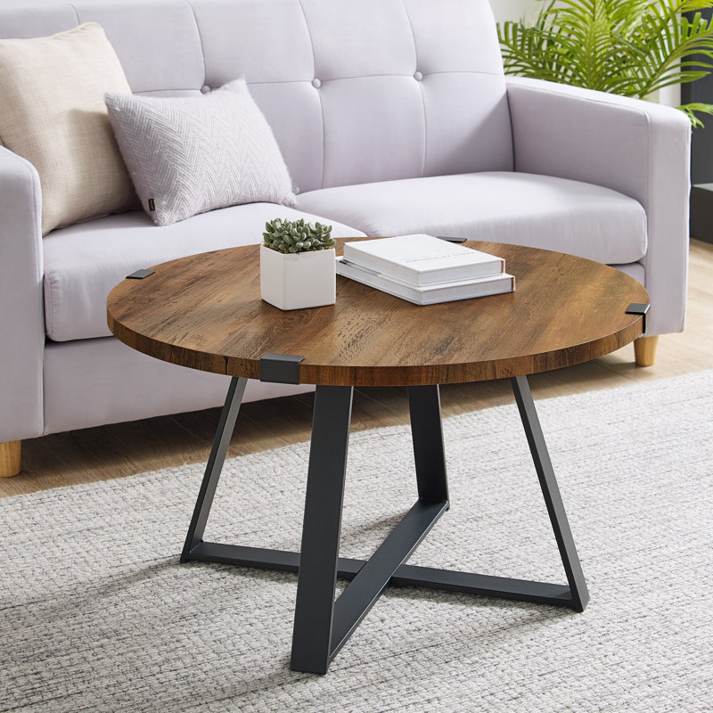 Table basse ronde à pieds croisés Paramus, Chêne rustique, Noir