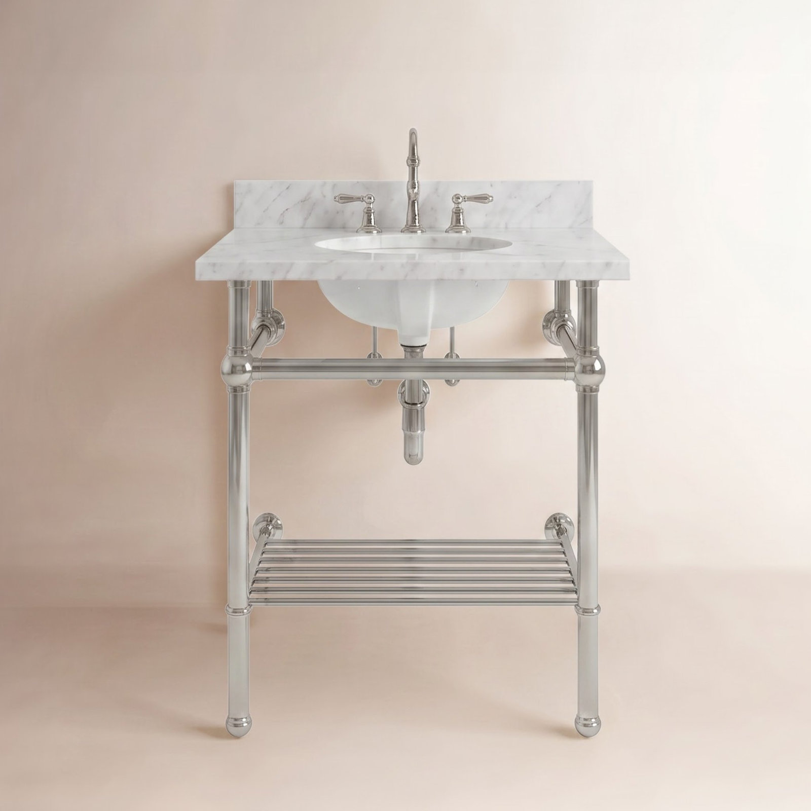 Templeton 30" Marble Console Sink, Carrara Marble/Polished Nickel