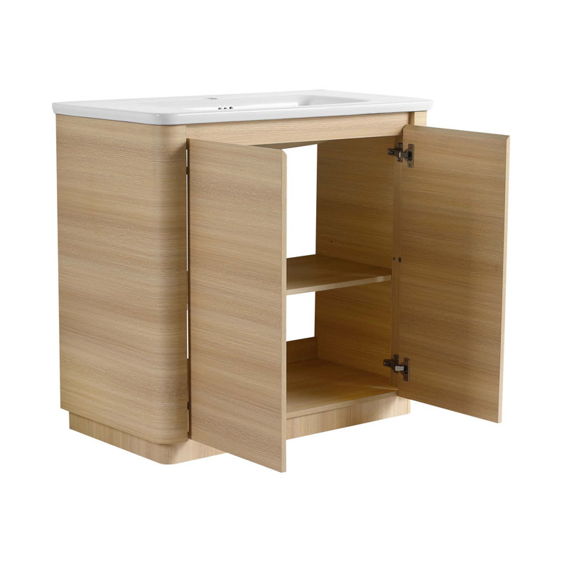 Meuble-lavabo autoportant avec lavabo en céramique blanche et 2 portes à fermeture douce, emballage KD, Chêne blanc Américain