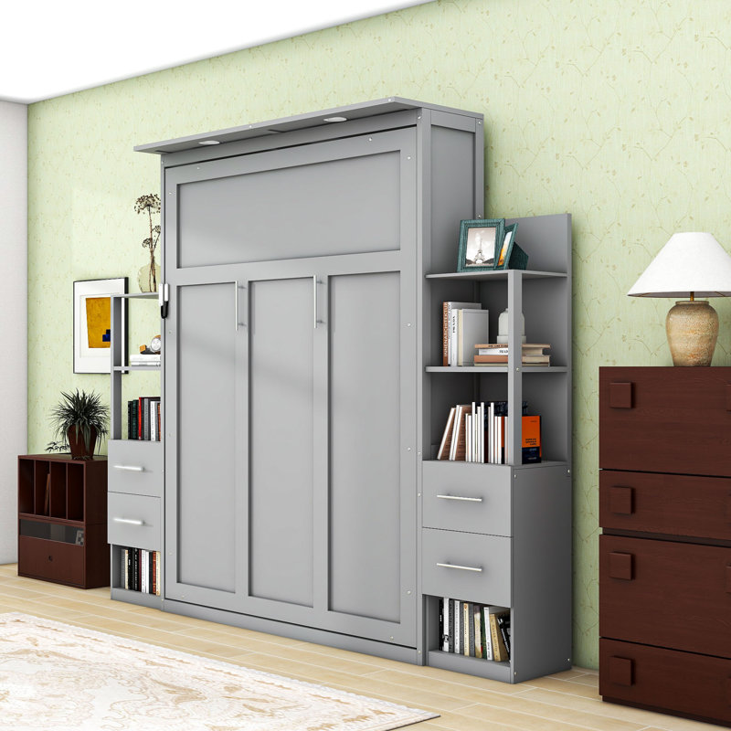 Murphy Wall Bed with Built-in Shelves and Soft LED Lighting, Queen, Gray