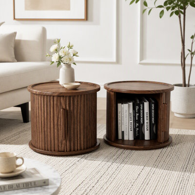 Ensemble de 2 tables basses rondes avec rangement à porte coulissante et colonne romaine cannelée