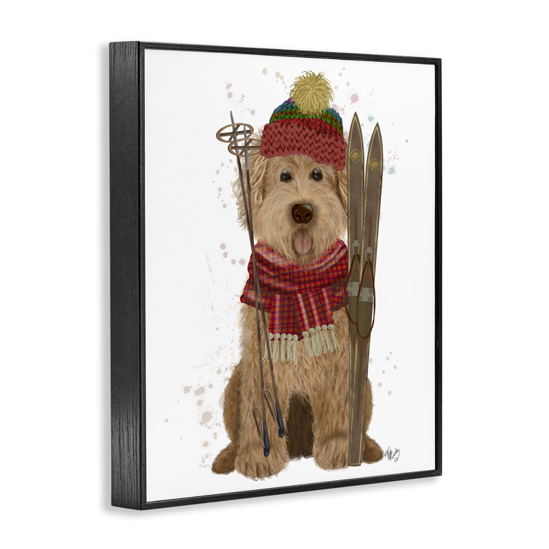 Chien avec skis d'hiver, estampe numérique par Fab Funky, Giclée encadrée noir minuit, H 20 po x l 16 po