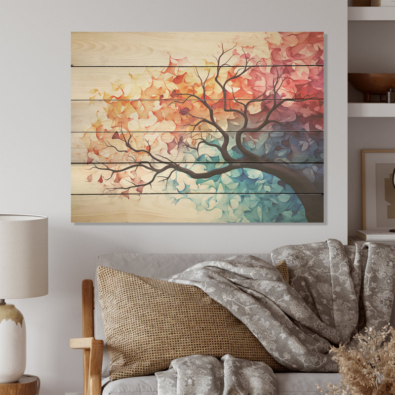 Érable abstraction colorée I - Arbre érable, art sur bois de pin naturel, H 10 po x l 20 po