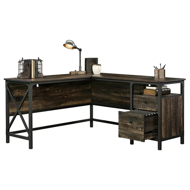 L-Shaped Metal Base Executive Desk, Carbon Oak