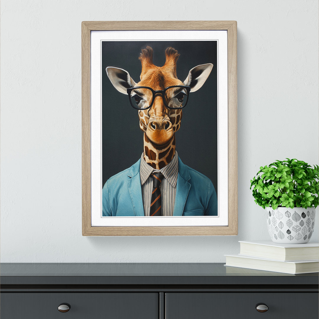 Giraffe with Glasses Painting - Framed Print