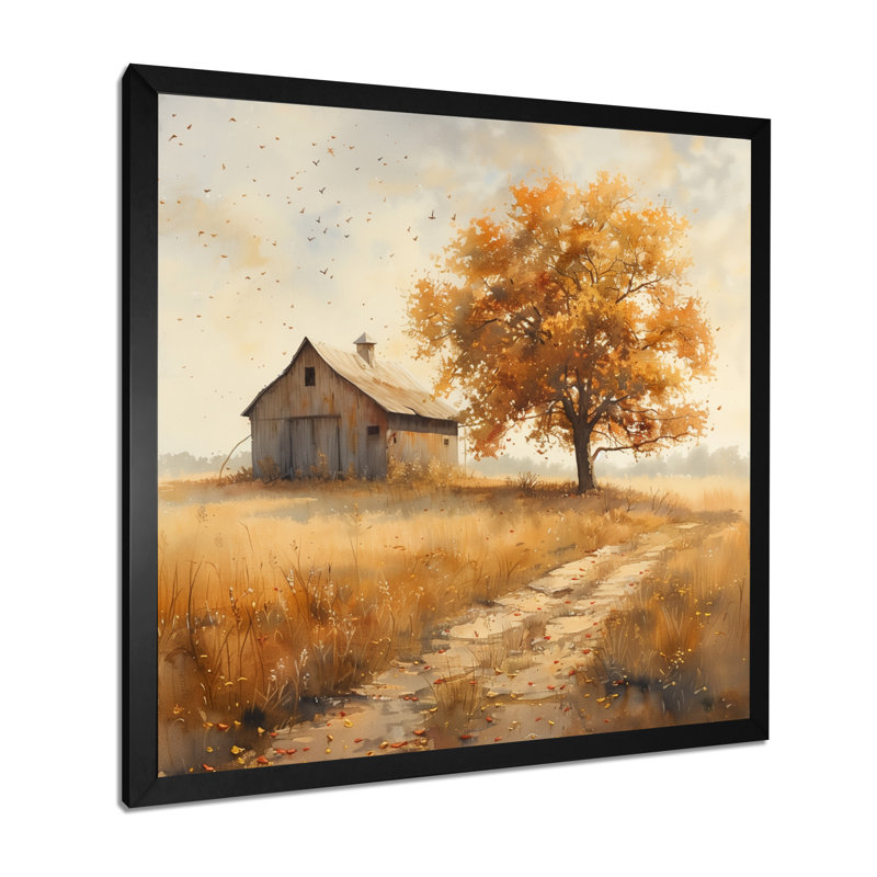 Jaune, brun, automne, campagne, délice, grange, salon, art mural, Toile encadrée noire simple, H 16 po x l 16 po x P 1 po