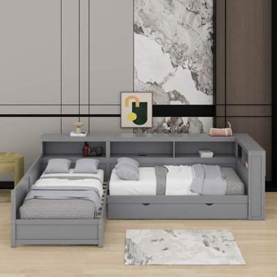 Wood Twin Size L-Shaped Platform Bed With Trundle And A Drawer