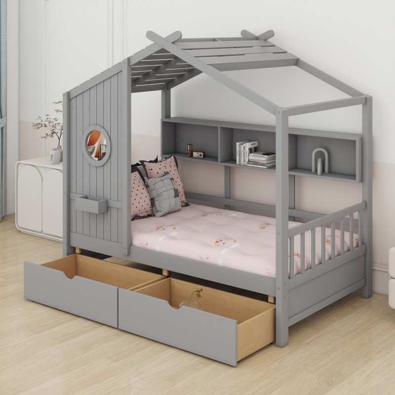 Lit maison avec tiroirs, tablette de rangement, Gris