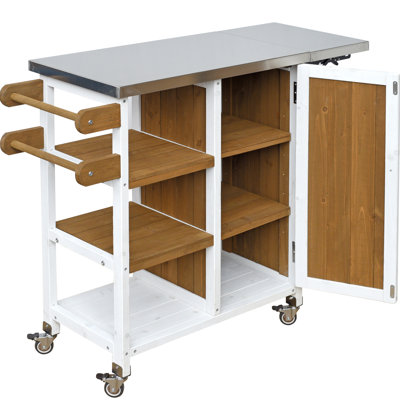 Chariot de cuisine d'extérieur portatif avec compartiments ouverts et verrouillables, et rangement fermé, adapté aux balcons et petits espaces, étagères pliables blanches et marron pour patio, armoire, idéal pour recevoir.