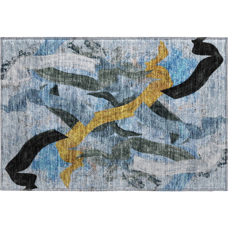 Premium Machine Washable Mayfield AMF2191 abstract Rug, Denim, 1'8" x 2'6"