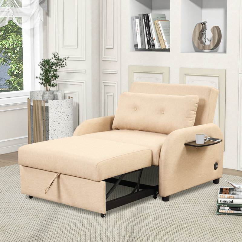 Canapé-lit escamotable 3 en 1 avec table à 2 battants et charge USB pour le salon, la salle de loisirs, Beige