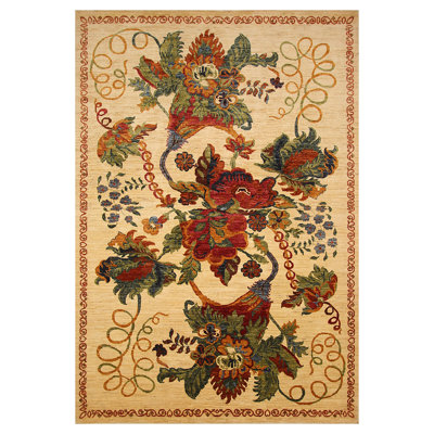Tapis beige / vert / rouge noué à la main de haute qualité