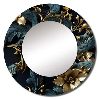Gold Royal Flower Gardens Serenity - damask  Decorative Mirror, Boho Round Wall Mirror, Printed Metal Art
