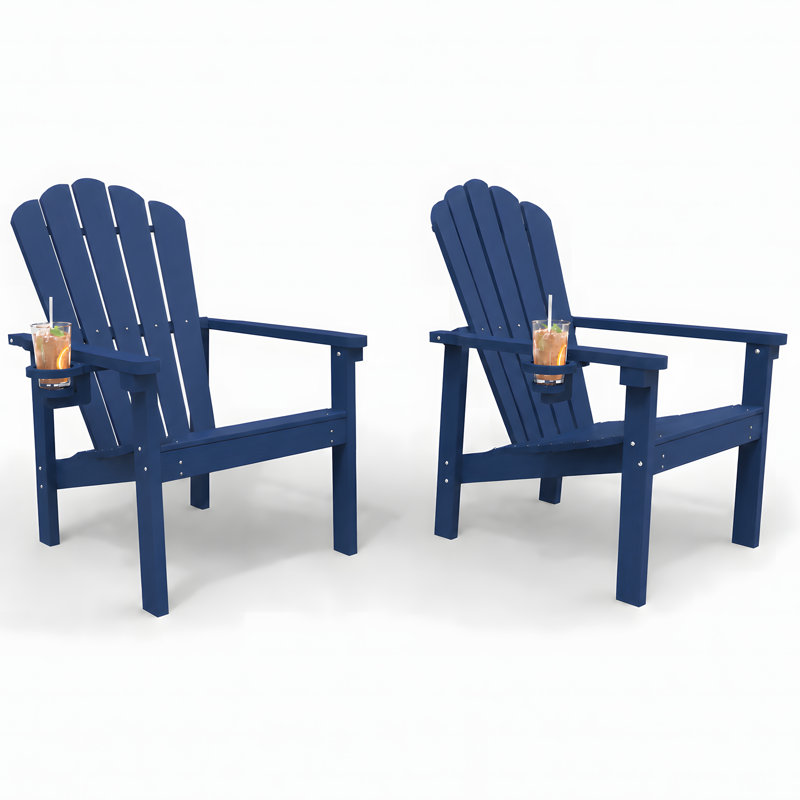 Dareona Set of 2 HDPE Stackable Adirondack Chairs with Cup Holders, All-Weather Outdoor Patio Chairs, Blue, 2