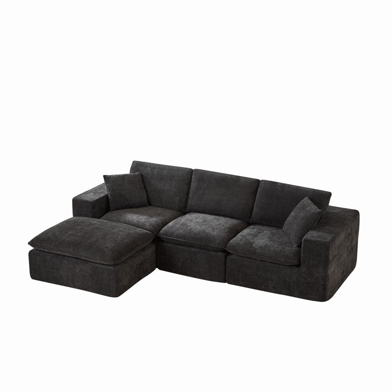 Soneson 4-Piece U-Shaped Chenille Sectional Modular With Two Ottoman, Black Chenille