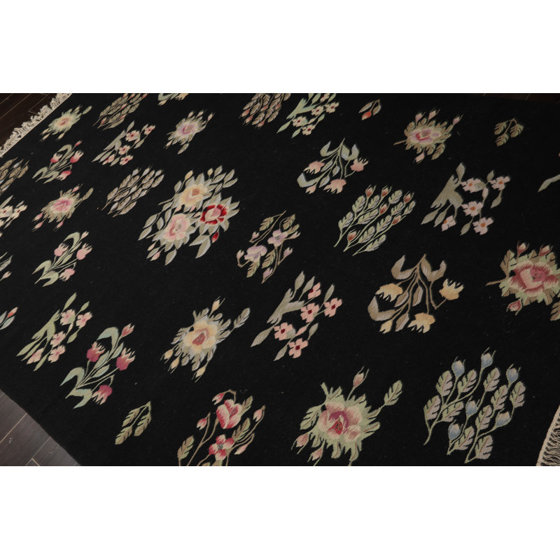 Tapis traditionnel kilim sauge noir en laine tissé à la main 6 x 9