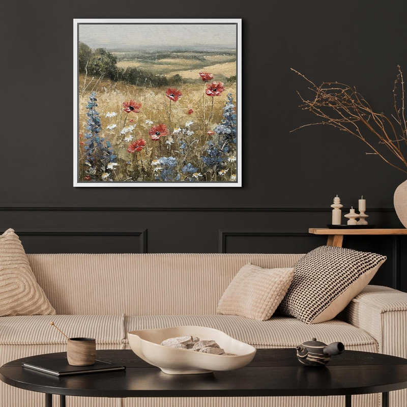 Rustic Countryside Relax Calm Landscape Nature Wildflowers Pictures Large Framed Canvas Wall Art, Floater Framed Print, White