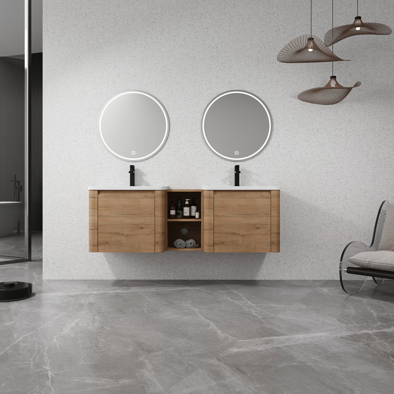 Meuble-lavabo mural avec lavabo en céramique blanche et tablettes de rangement et 1 porte à fermeture en douceur, 60"
