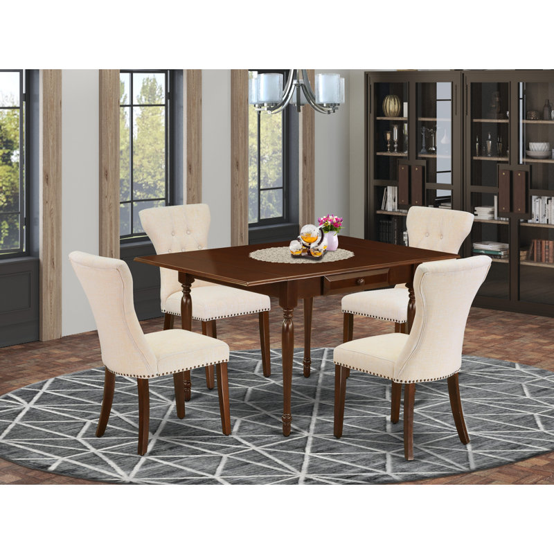 Ensemble de table de salle à manger rectangulaire en bois massif avec plateau Dropleaf, Beige / acajou, Acajou