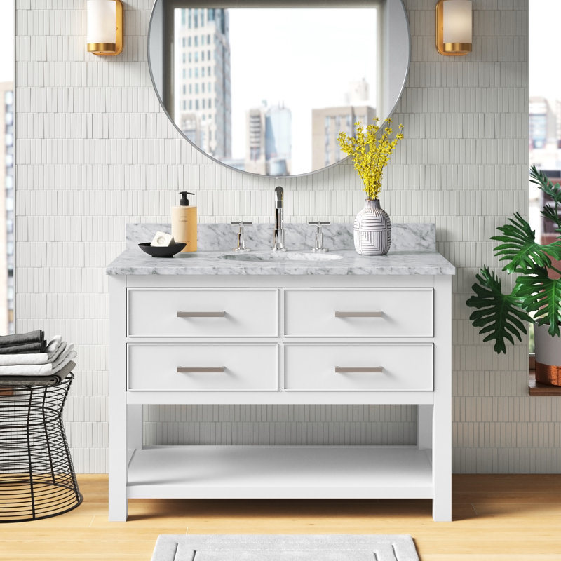 Brooks 43'' Single Bathroom Vanity with Stone Top, White, Carrera White Marble