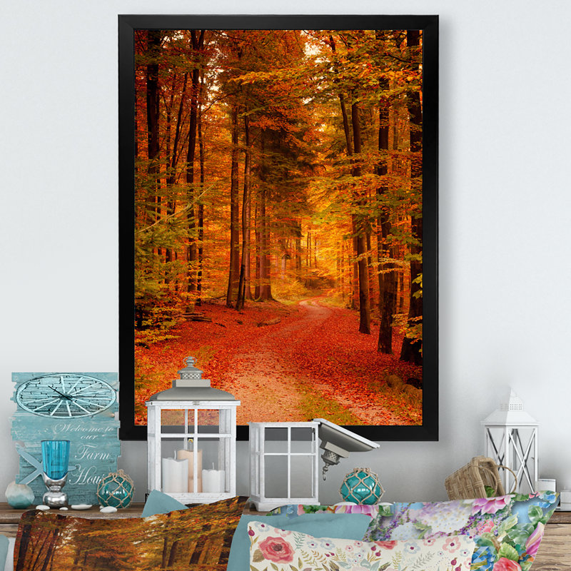Chemin à travers la forêt d'automne rouge - reproduction d'art sur toile traditionnelle, Impression noire sur toile encadrée