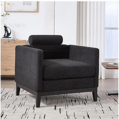 Fauteuil d'appoint de style campagne moderne de 35,4 po de largeur avec pieds à finition noire, fauteuil de lecture à base de bois, canapé simple avec deux traversins pour le bureau et le salon. Boucle noire.