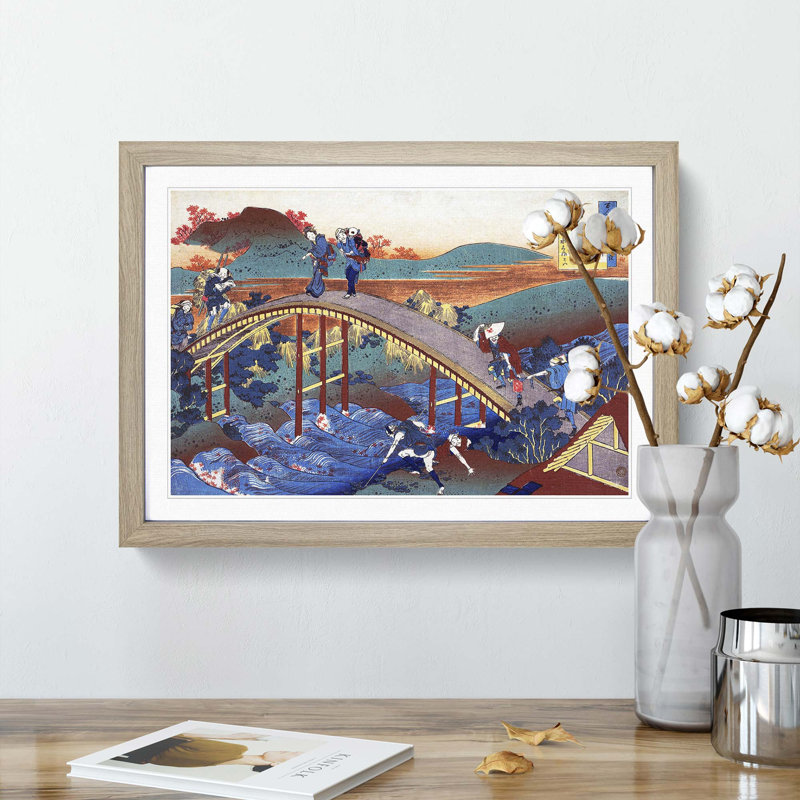 Over the Bridge by Katsushika Hokusai - Framed Print, Oak Framed, 48cm H x 65cm W x 2cm D