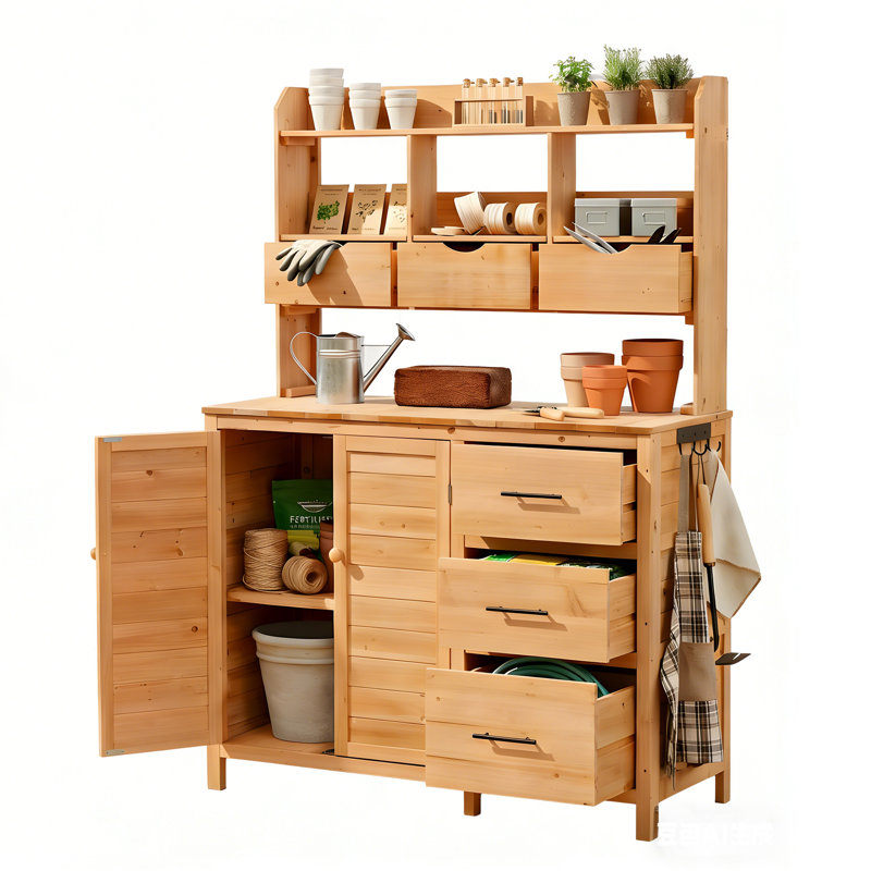 Farmhouse Patio Potting Bench, 44.6"x19.5" Large Freestanding Garden Workstation with 6 Drawers, Bottom Cabinet and Side Hook, Outdoor Kitchen Island, Natural Wood