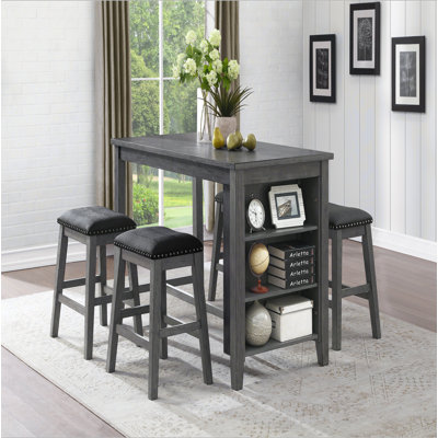 Gray Finish 5pc Counter Height Set Multifunctional Counter Height Table with 4 Stools Black Faux Leather Upholstery Nailhead Trim Dining Room Furniture