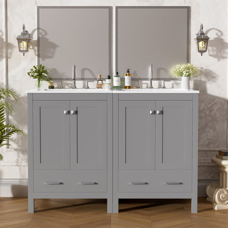 Meuble-lavabo de 48 pouces avec lavabo encastré intégré, armoire de rangement, portes à fermeture en douceur, tiroir divisé et tablette à double couche pour un rangement polyvalent