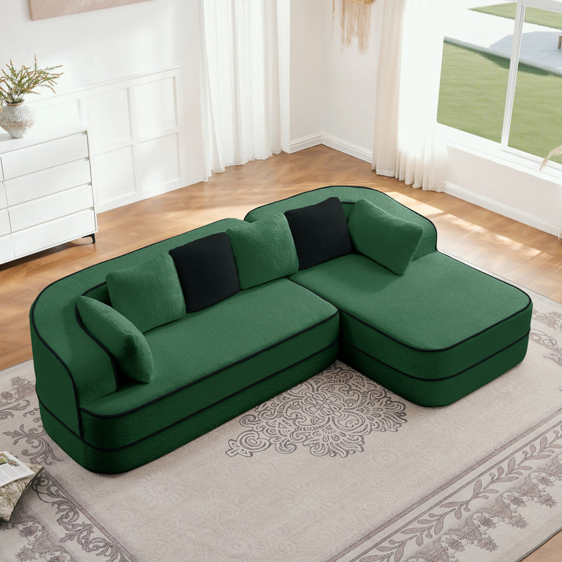 L Shaped Sofa with right Chaise Lounge, Green Teddy, Right Hand Facing
