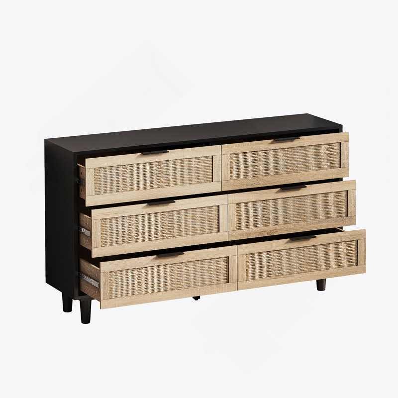 Armoire de rangement en rotin à 6 tiroirs avec tiroir, pour chambre à coucher et salon, Noir