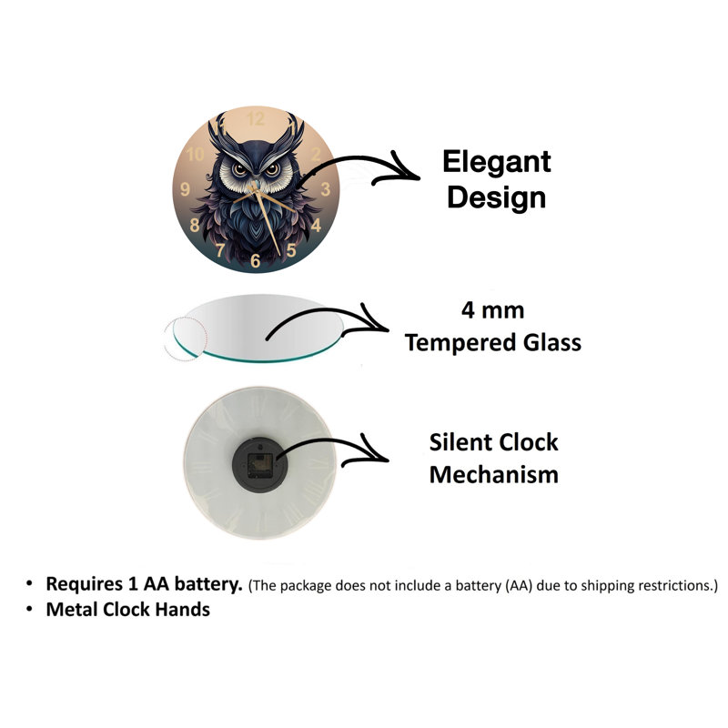 Horloge murale stylisée en forme de hibou cornu en verre trempé bleu et mauve, Noir