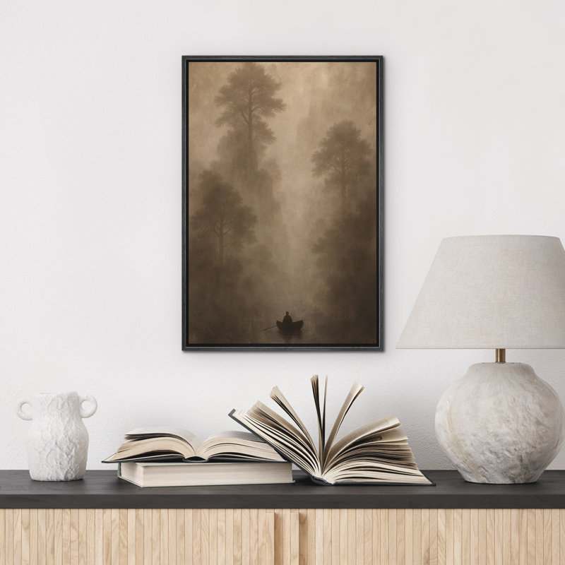 «Misty Forest River Scene With Lone Boat», reproduction d'art sur toile encadrée dans la chambre principale, Noir