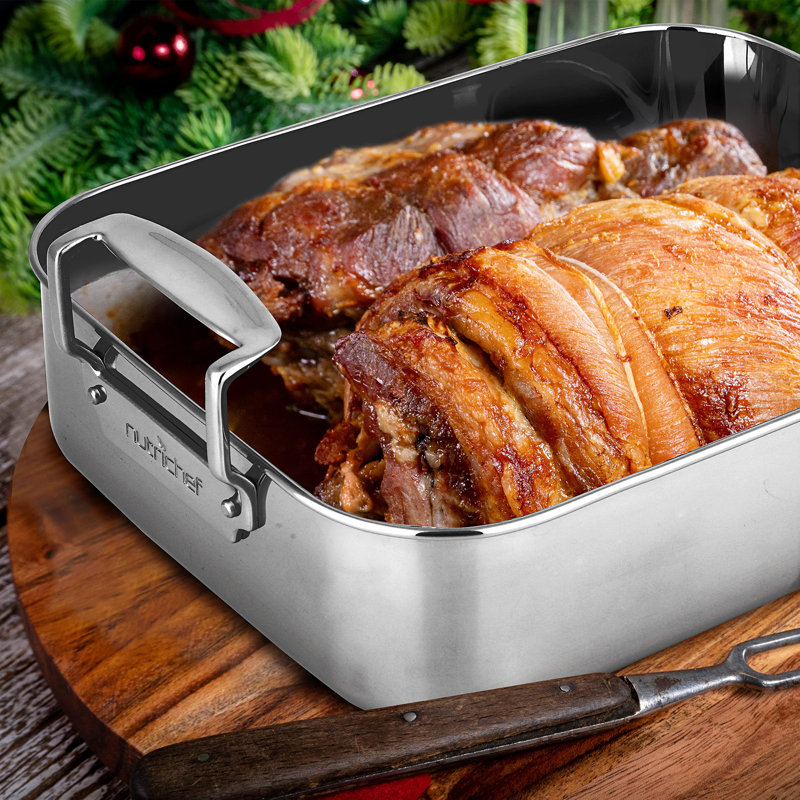  Plat à rôtir de cuisine en acier inoxydable de 14 pouces avec grille en métal poli - Ensemble de cuisson polyvalent pour la dinde, le poulet, les viandes et plus - Rôtissoire de qualité supérieure et robuste pour four avec poignées intégrées