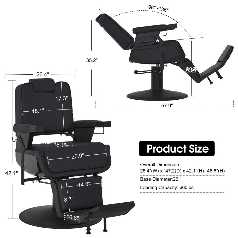 26.7" Width Heavy Duty Reclining Barber Chair, Adjustable Swivel Salon Chair, Faux Leather, Black