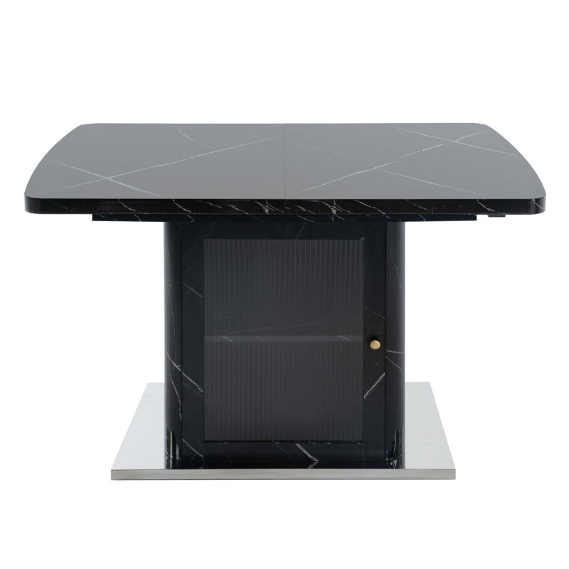 Table de salle à manger moderne carrée avec pieds de rangement et base en métal, Noir