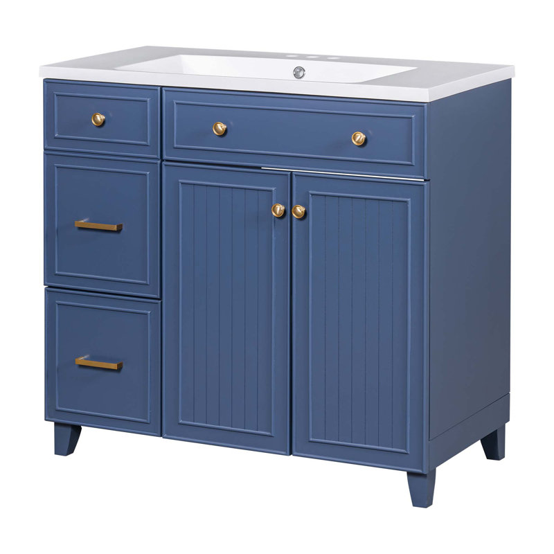 Meuble-lavabo simple transitionnel avec lavabo, 2 tiroirs et 2 portes à fermeture douce, Bleu marine