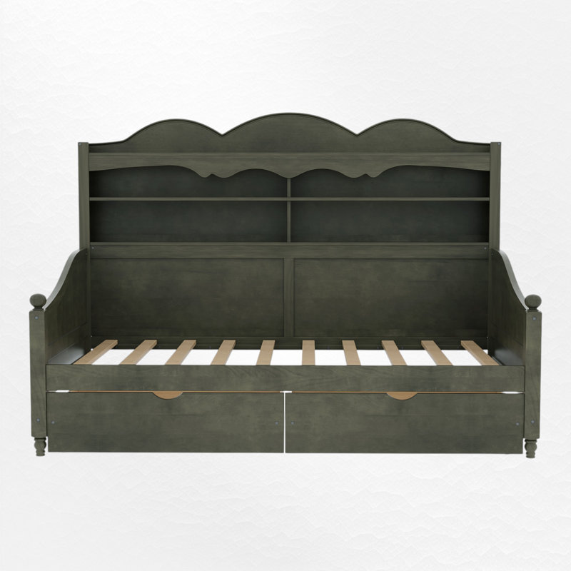 Twin Size Wood Daybed With Built-In Shelving Headboard & Under-Bed Storage Drawers, Antique Gray