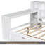 Lit plateforme en bois pleine grandeur avec tablettes de rangement, tiroirs, station de charge, DEL, bureau et tête de lit tapissier, coussin blanc et beige-787589221-787589222