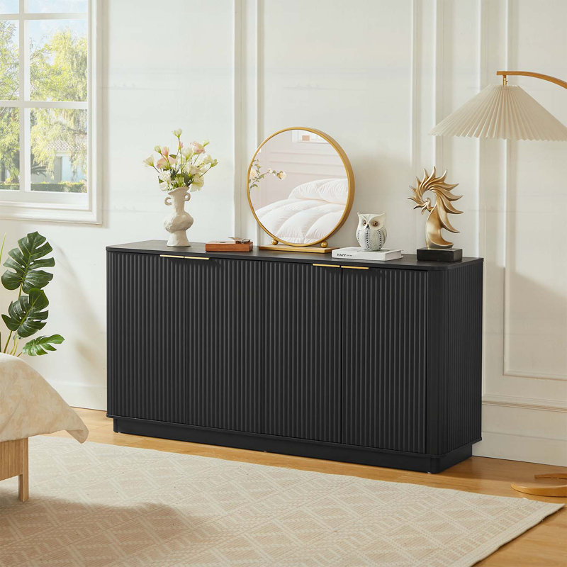 Vertical Stripe Buffet Cabinet with Storage,Curved Wave Design, Black