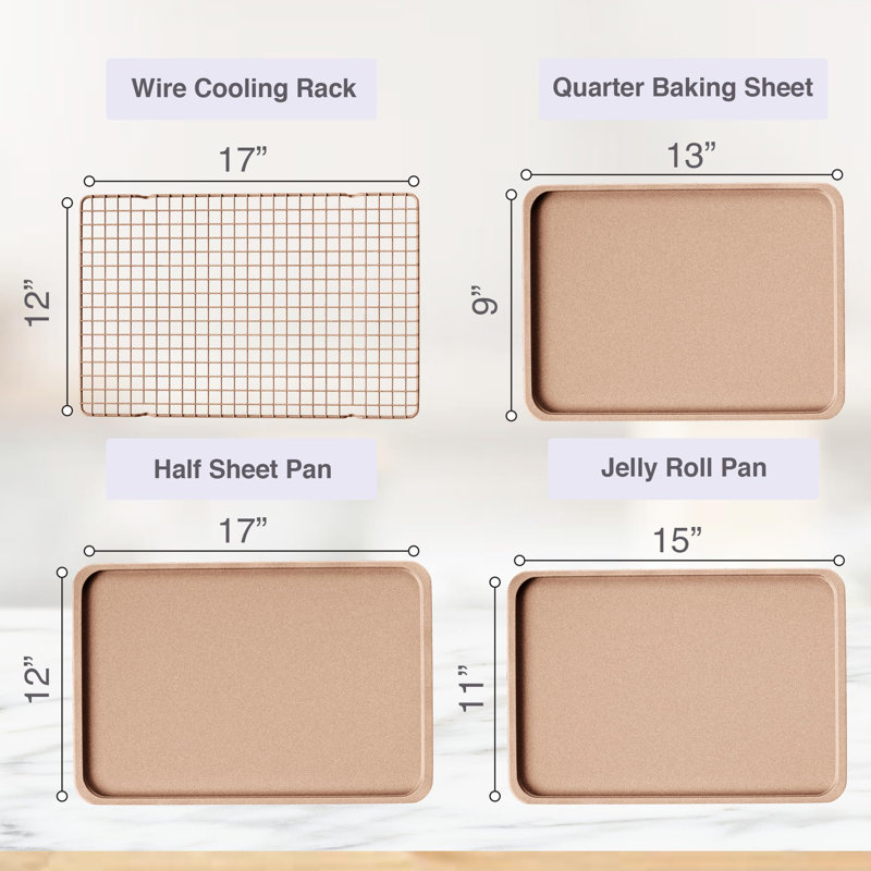 3 Cookie Sheets For Baking + Cooling Rack, Non Stick Baking Sheet Set With Cookie Cooling Rack - Half/Quarter/Jelly Roll Pan With Wire Rack, Sheet Pan Set Of 3
