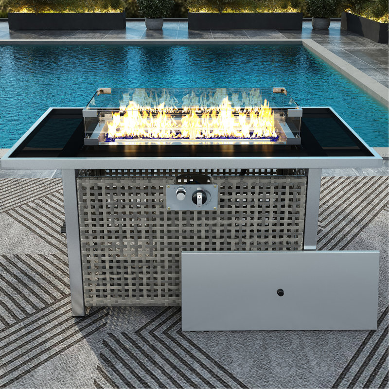 60000 43" Open Weave Grey Propane Gas Fire Pit Table, With Bohemian Charm, Removable Lid, And Glass Wind Guard For Garden Patio Entertaining Rectangular , Blue Stones, Tempered Guard, 20Lbs Storage