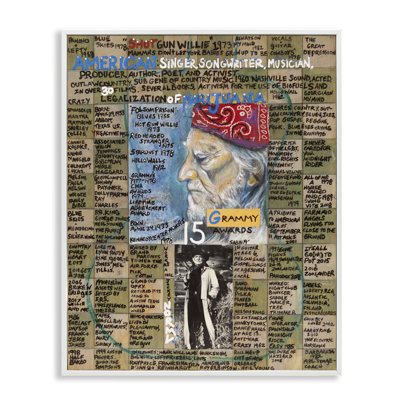 Willie Nelson, collage, estampe numérique par Sabin, Estampe numérique encadrée blanc bord de mer, H 14 po x l 11 po
