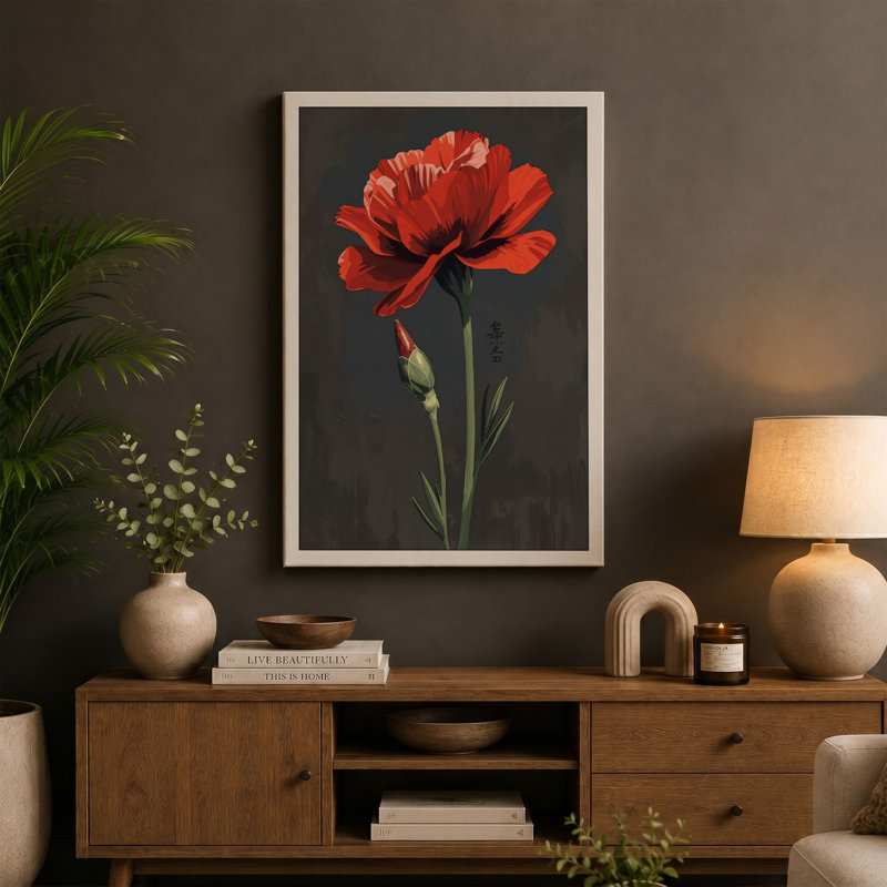 Single Carnation in Bloom Botanical - Wrapped Canvas, 18x12 - 45.7 x 30.5 cm, Cream Border