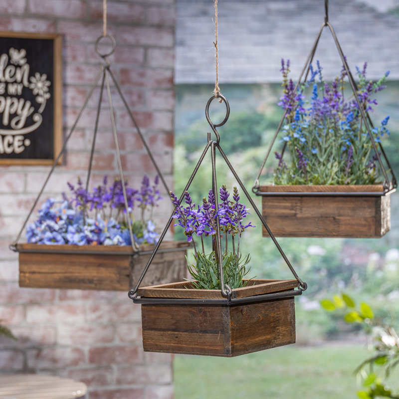 Set of 3 Wood and Metal Square Hanging Planters – Graduated Industrial Garden Troughs with Decorative Hook Supports
