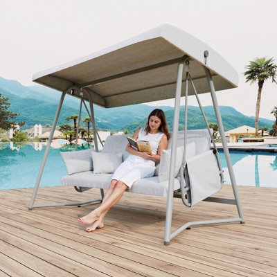 Balancelle d'extérieur pour 3 à 4 personnes, balancelle convertible 2 en 1 avec coussins amovibles, auvent réglable et coussins
