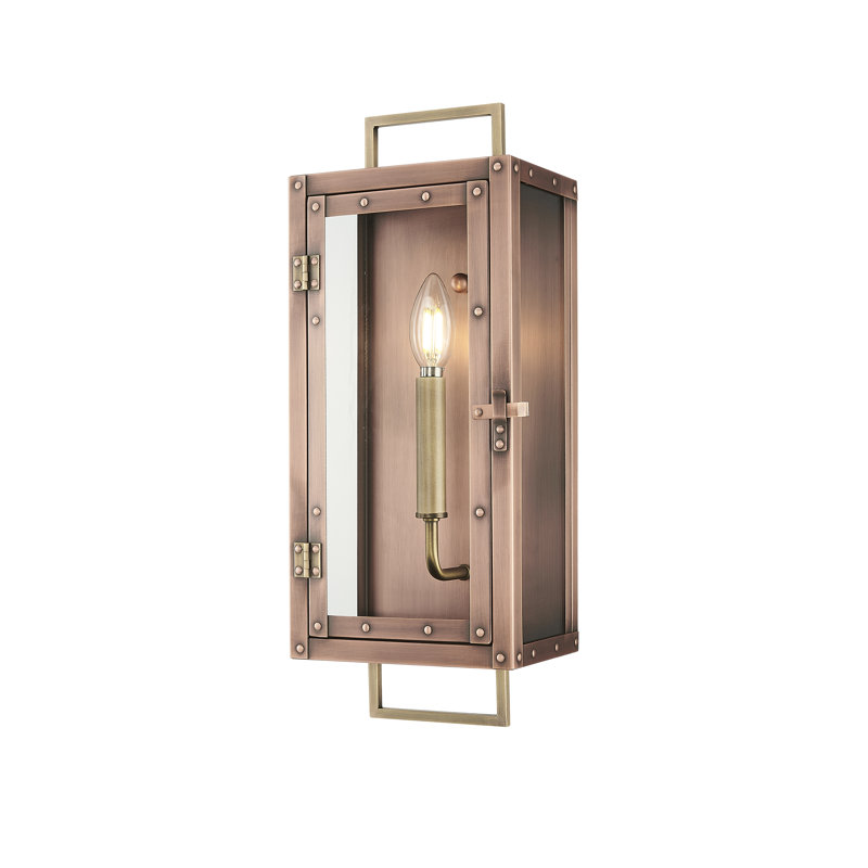 Lanterne murale d'extérieur 18 po en cuivre antique à 1 lumière avec détails en laiton et panneaux de verre transparent
