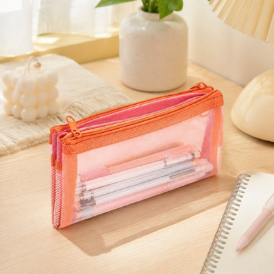 pencil bin Double Zipper Gauze Pencil Case Double-layer Large Capacity Pencil Case Pencil Case  Cosmetic Bag